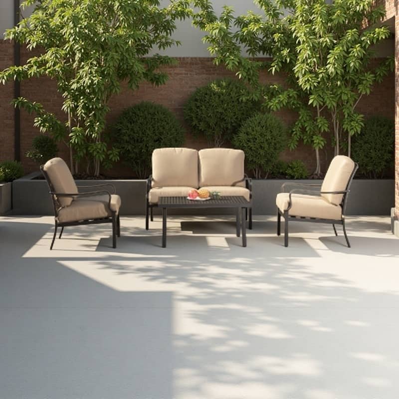4-Piece Outdoor Patio Dining Set with Iron Frame, Removable Thick Beige Cushions, Rectangle Table, Loveseat, and Chairs