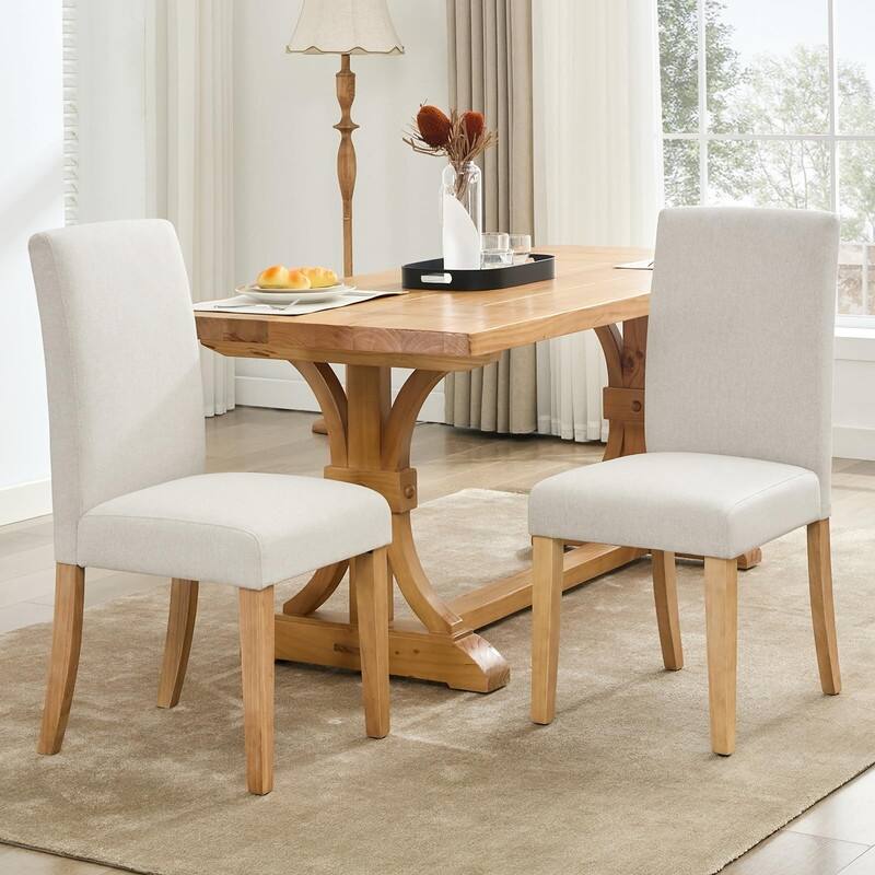 Set of 2 Modern Dining Chairs - Ergonomic Fabric Upholstered w/Wood Legs - 265lbs - Easy-Clean & Floor-Safe - 15 Min Assembly - Beige