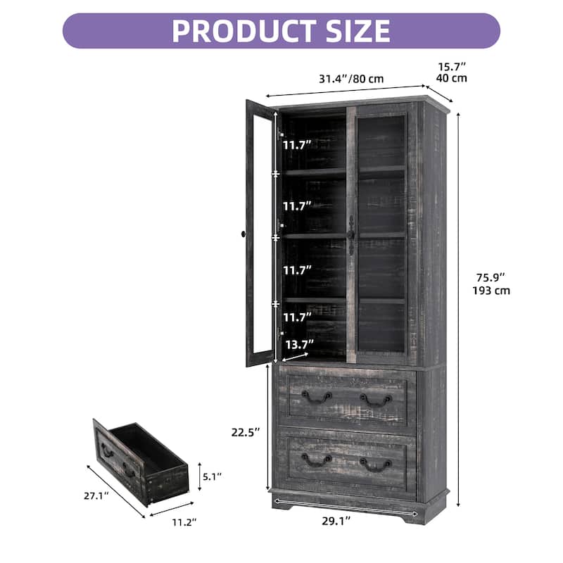 76" Tall Display Cabinet with Glass Doors Bookcase Accent Living Room Hallway