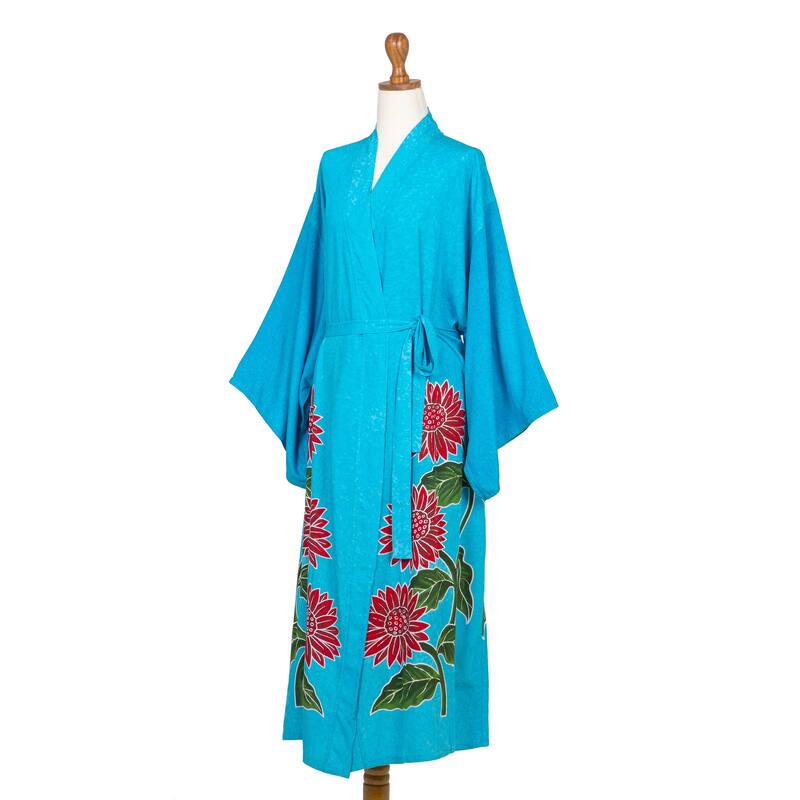 Novica Handmade Beautiful Flowers In Turquoise Hand-Painted Rayon Robe