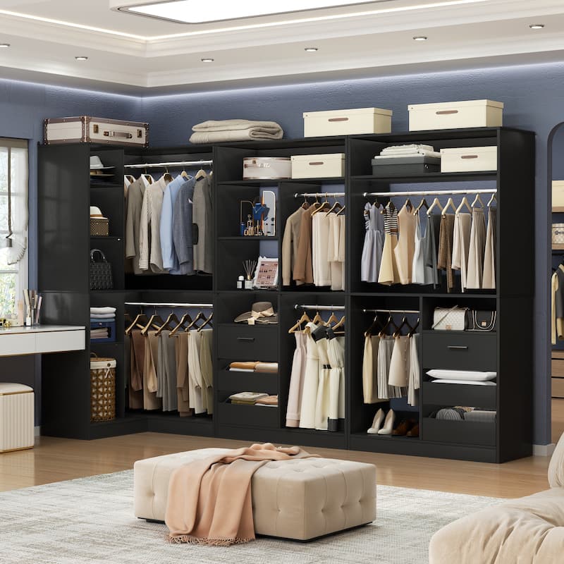 Qvella 72"-108" Closet System with Drawers and Hanging Rods,Freestanding Walk-in Closet Organizer System Wardrobe Closet Tower - Black