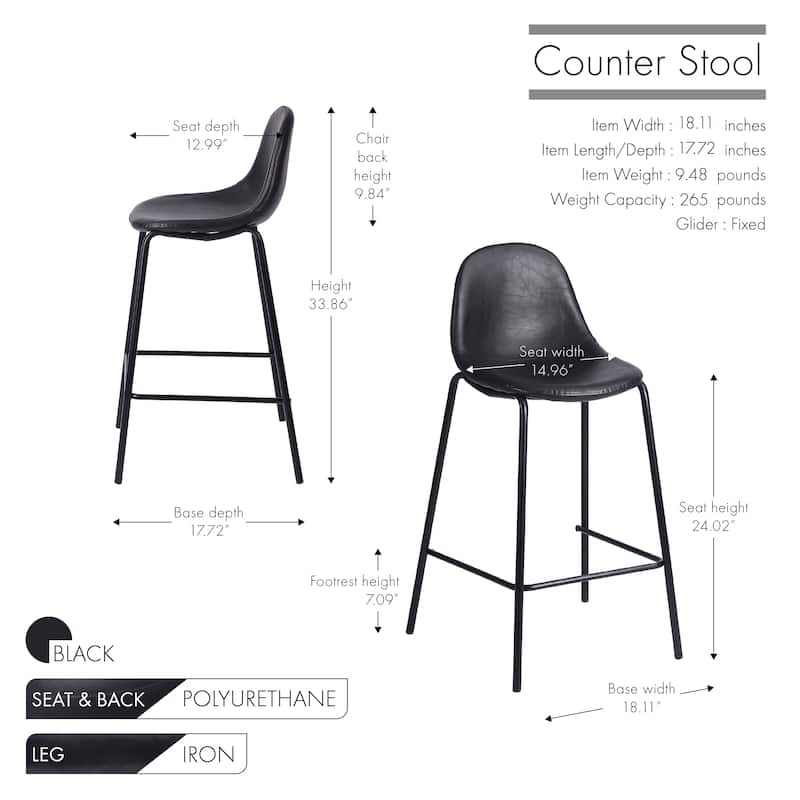Porthos Home Tave Counter Stools Set Of 2, PU Leather Upholstery, Iron Legs