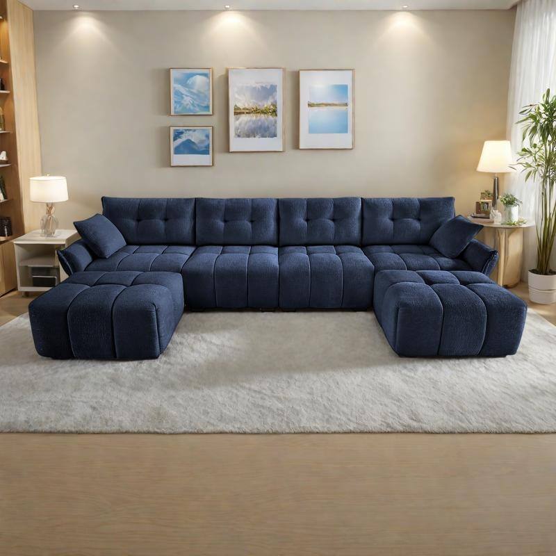 141.7" Chenille 4-Seater Sofa Set with 2 Ottomans, Solid Wood Frame and High-Resilience Cushions - Blue