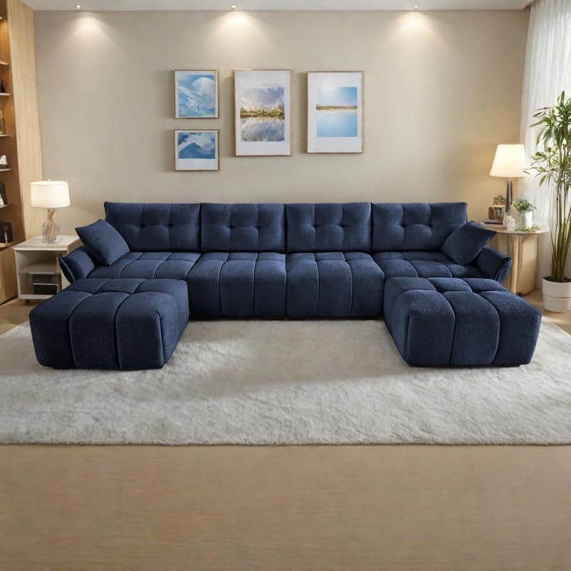 141.7" Chenille 4-Seater Sofa Set with 2 Ottomans, Solid Wood Frame and High-Resilience Cushions