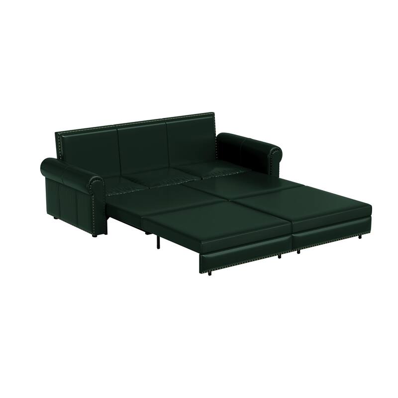 Chesterfield Sofa, 93.7" Faux Leather Convertible Sleeper Sofa Bed, Vintage 3-in-1 Pull Out Couch w/ Nailhead Trim & Rolled Arms