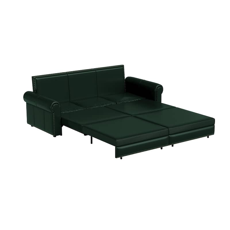 King Pull Out Sofa Bed, 3-in-1 Convertible Leather Sleeper Sofa, Chaise Lounge Daybed with Nailhead Trim & Rolled Arm