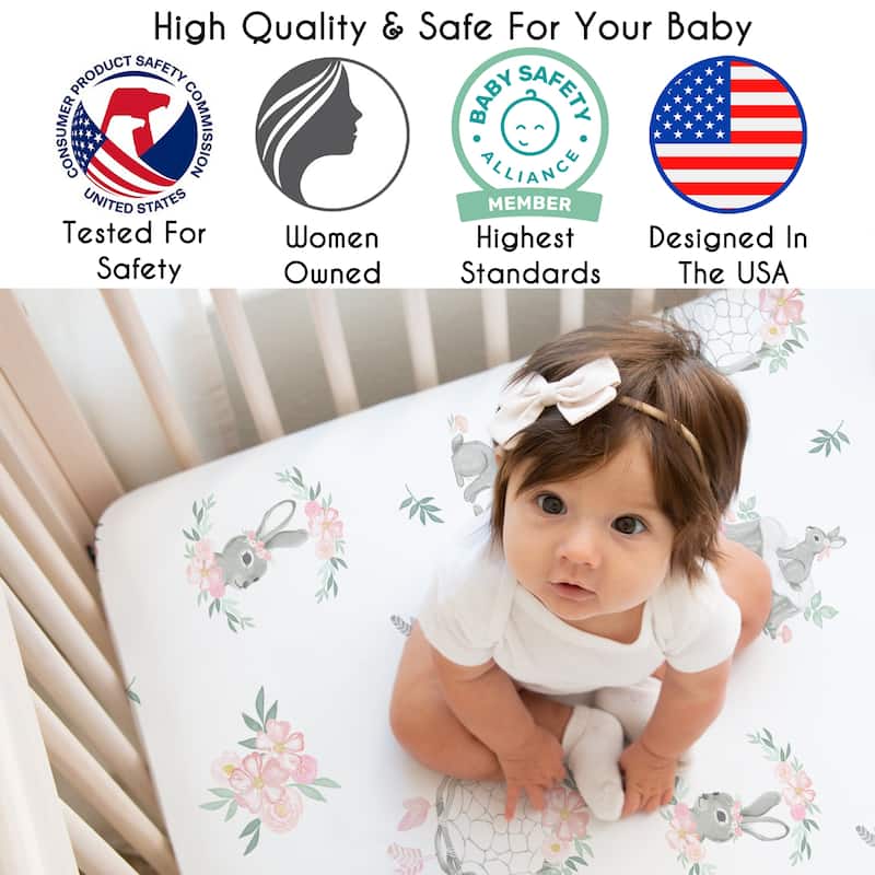 Sweet Jojo Designs Woodland Bunny Floral Girl 2 Pack Fitted Crib Sheets - Solid Pink & Shabby Chic, Boho, Watercolor Rose Flower