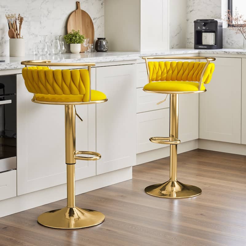 Set of 2 Velvet Adjustable Swivel Bar Stools - Gold/Yellow