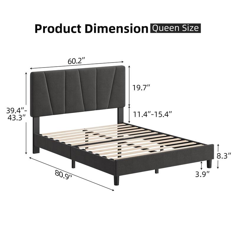 Linen Upholstered Platform Bed Frame with Strong Wooden Slats