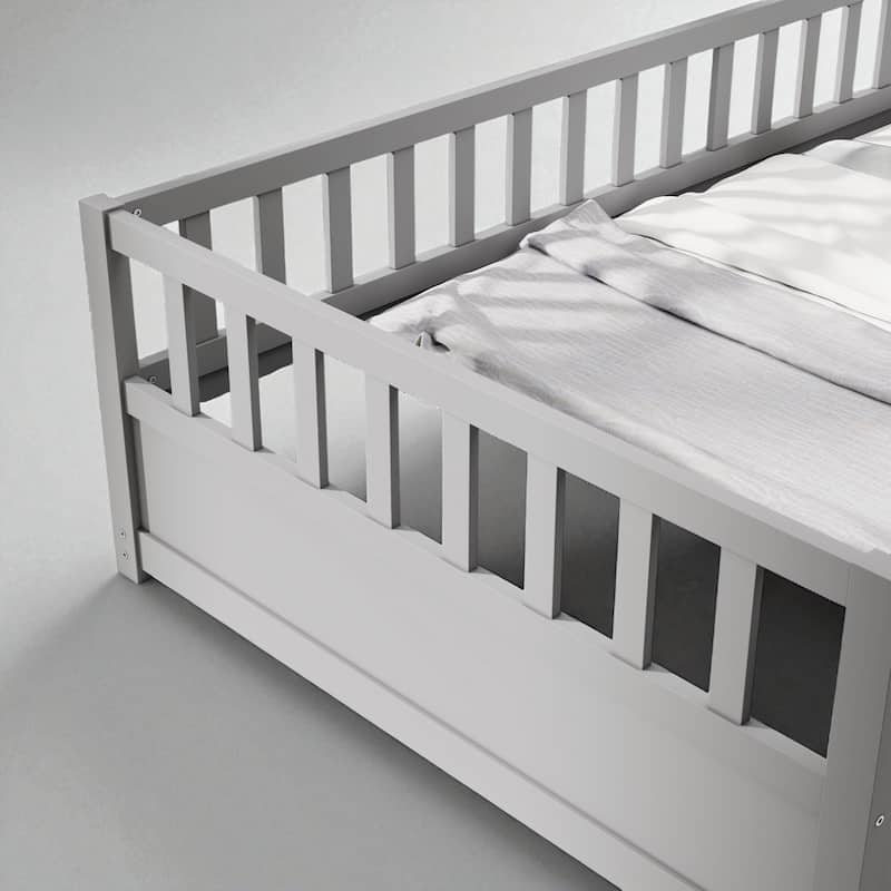 Montessori Twin/Full Size Wooden Floor Bed with Safety Fence and Door, Low Platform Bed Frame for Kids Toddlers