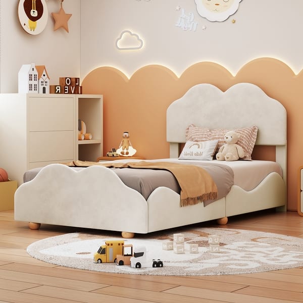 slide 2 of 9, Beige Velvet Upholstered Platform Bed, Cloud Shape Headboard, Footboard, Side board Twin - Beige