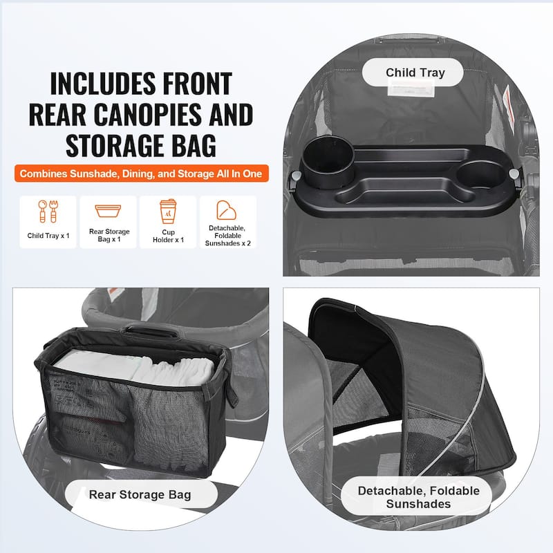 Carbon Steel All-Terrain Stroller Wagon Foldable Twin with Canopy and Tray - 47.2” L x 27.2” W x 42.1” H