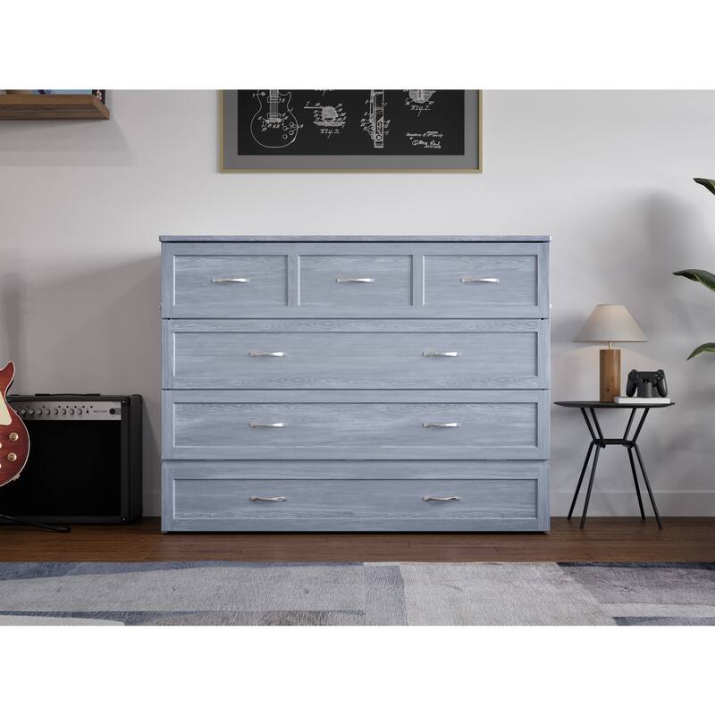 Full Murphy Bed Chest with Mattress & USB - Solid Wood Folding Bed - Driftwood Finish