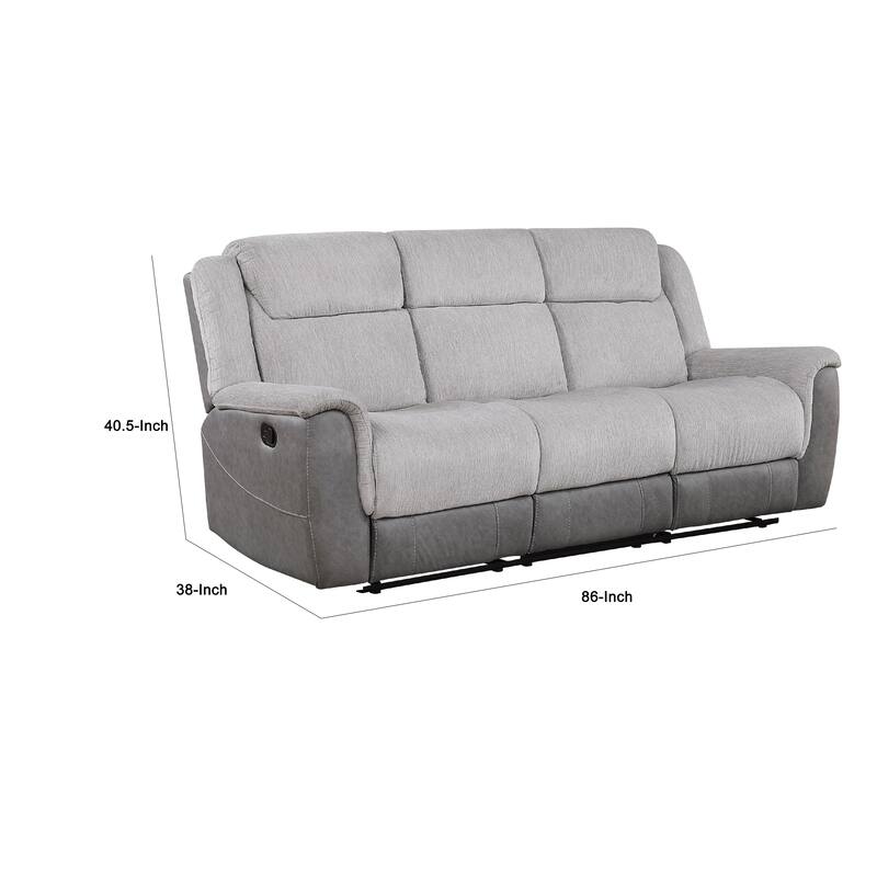 Feo Manual Reclining Sofa w Console, White Gray Microfiber 86 Inch