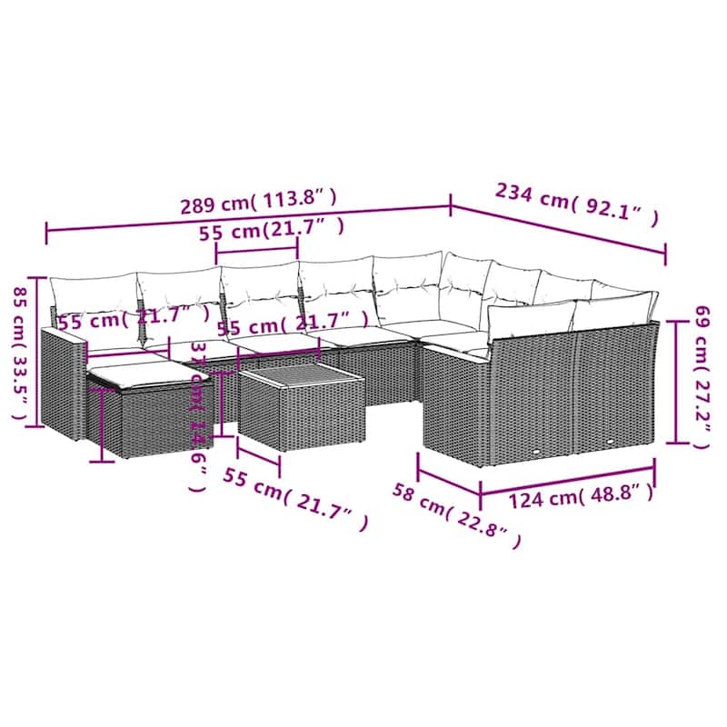 vidaXL 11 Piece Patio Sofa Set with Cushions Black Poly Rattan - 21.7x27.2x24.4