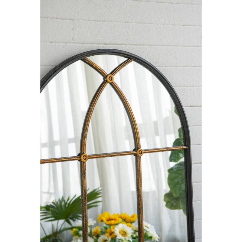 28.3" x 47" Arched Wall Mirror with Black and Gold Windowpane Design