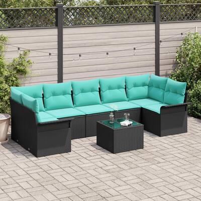 vidaXL 8 Garden Sofa Set with Cushions Black Poly Rattan - 113.8 x 52.2 x 27.2