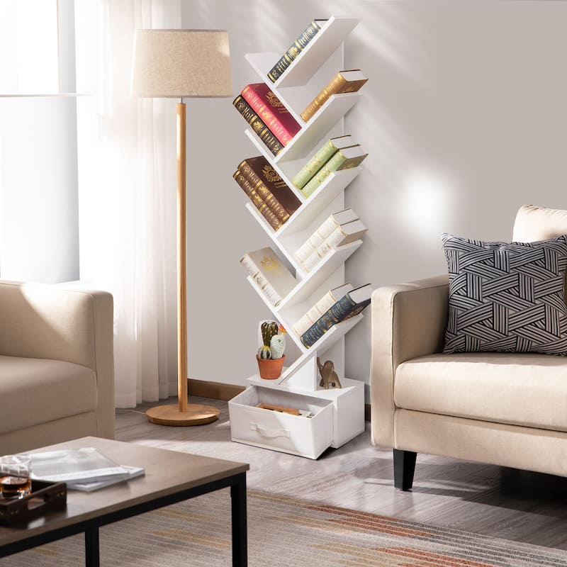 59" Tall Tree Design Bookshelf with 10 Open Shelves and Fabric Drawer for Small Spaces - 15'' x 8.5'' x 59'' (L x W x H)