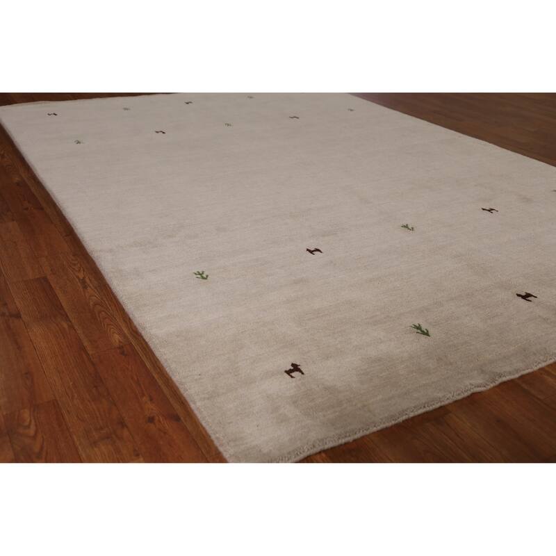 Hand Knotted Oriental 100% Wool Carpet Tribal Animal Pictorial Beige & Ivories Gabbeh Area Rug - 7' 7'' X 5' 4''
