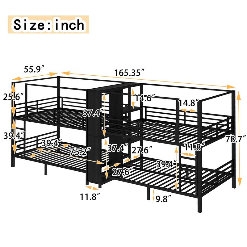 Quadruple Metal Bunk Bed with Built-in Storage Shelves & Wardrobe, Sturdy Black Frame, Space-Saving Design