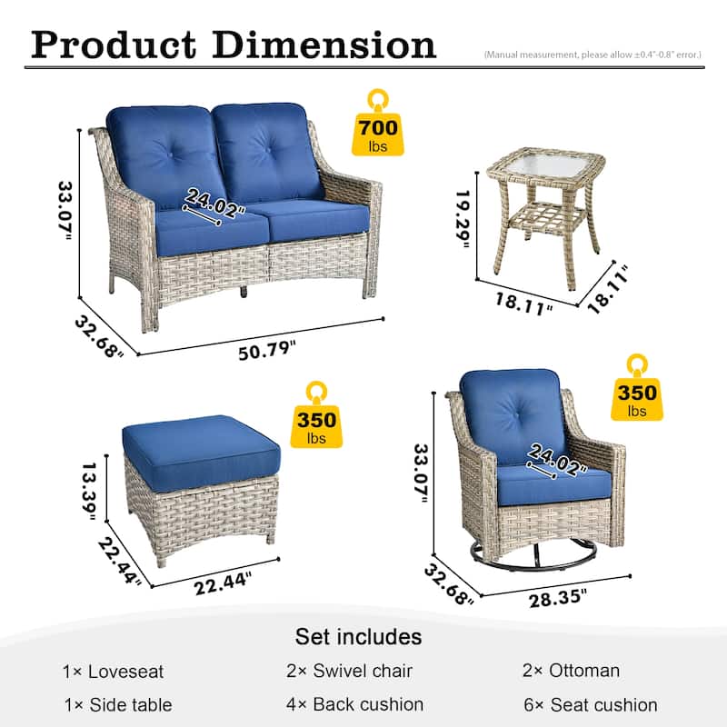 HOOOWOOO 6-piece Wicker Furniture Patio Loveseat Sofa Conversation Set with Swivel Chair