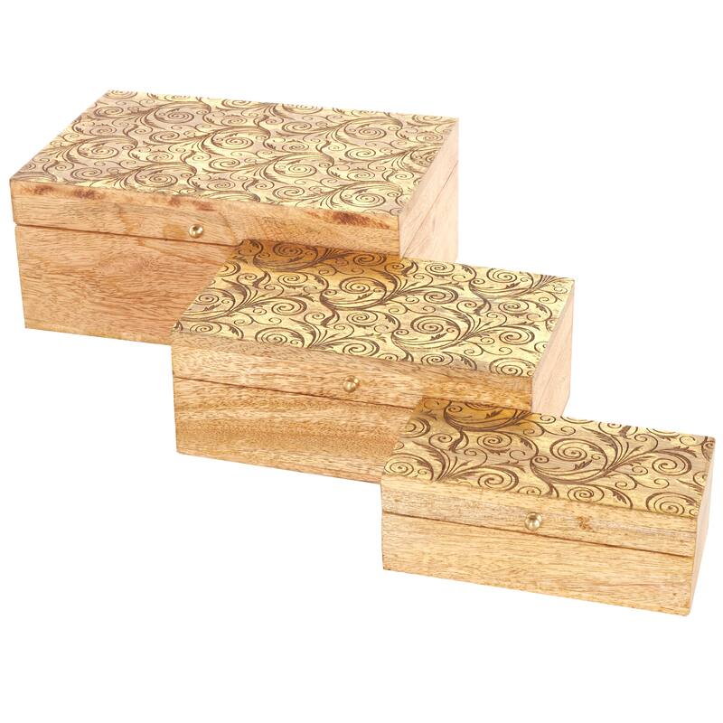 Brown Mango Wood Handmade Storage Scroll Box with Gold Accents (Set of 3)