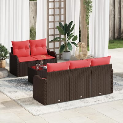vidaXL 6 Garden Sofa Set with Cushions Black/Brown/Grey Poly Rattan - 69.3 x 24.4 x 27.2
