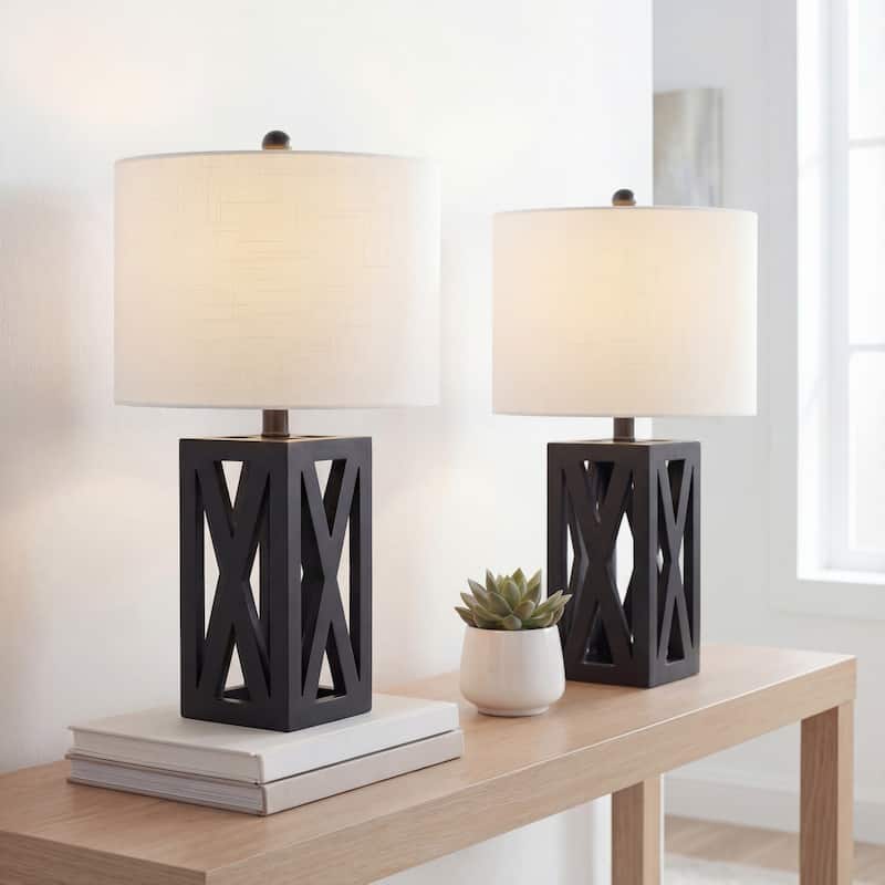 Ibiza 21.5" Farmhouse Wood LED Table Lamp, Brown (Set of 2), by JONATHAN Y - Black