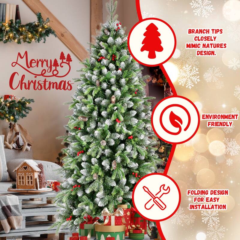 Pre-Lit Artificial Christmas Tree - Warm White LED Lights, Frosted Greenery, Red Berries, Pinecones, Metal Stand - Green