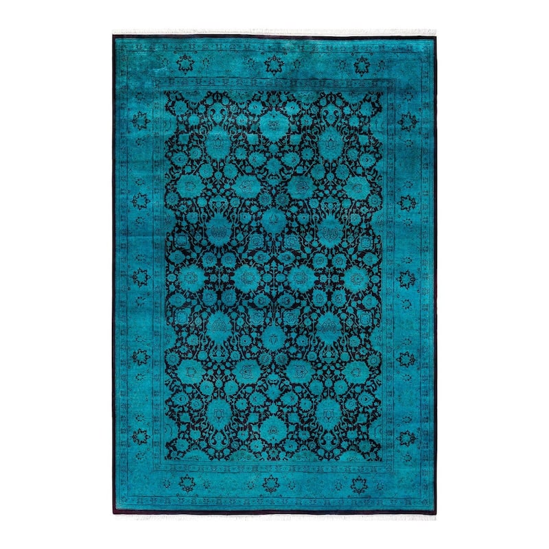 Overton Hand Knotted Wool Vintage Inspired Modern Contemporary Overdyed Blue Runner Rug - 6' 2" x 9' 0"