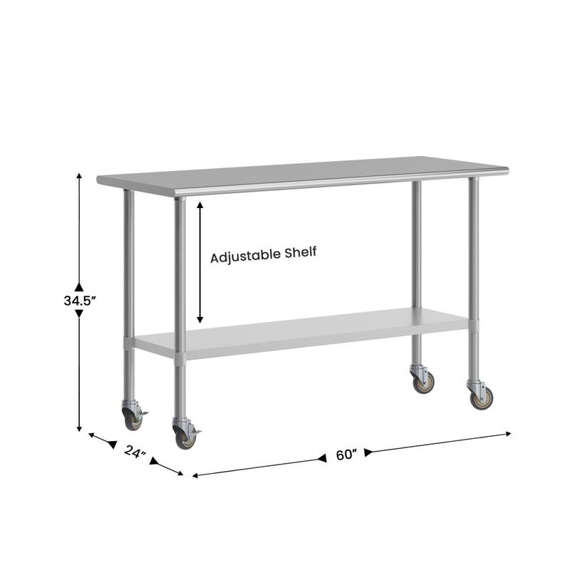 Commercial Stainless Steel 18 Gauge Worktable with Undershelf and Casters
