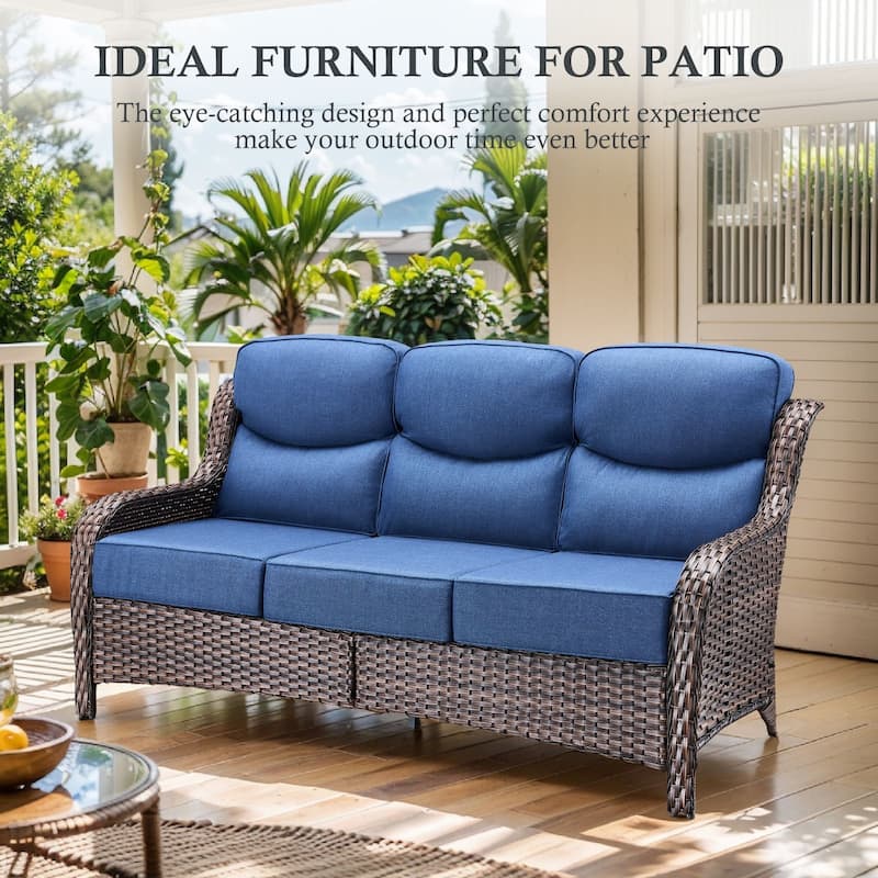 Arcadia 3-Seat Wicker Patio Sofa with 6-Inch Thick Cushions and 2 Ottomans