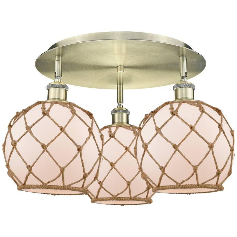 Innovations Lighting Endless Possibilities Ballston - Farmhouse Rope - 3 Light 20" Flush Mount - Antique Brass/White Glass with Brown Rope