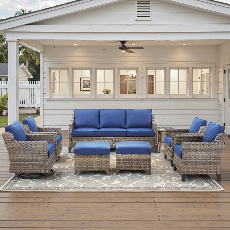 Glissia 8-Piece Gray Wicker Patio Conversation Set with Swivel Gliders and Ottomans