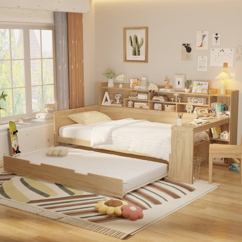 Full Size Daybed with Storage Shelves, Multi-Functional Bed with Twin Trundle and Built-In Study Desk, Space-Saving Design - Natural - Twin