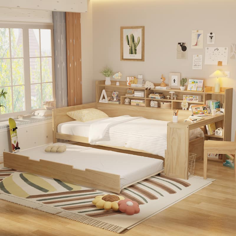 Multi-functional Daybed with Storage Shelves, Trundle Bed and Study Desk - Natural - Twin