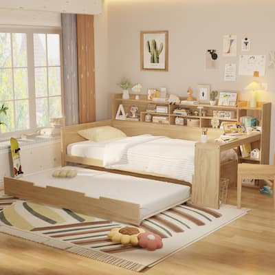 Wooden Twin Size Daybed with Storage Shelves, Multi-functional Bed with Twin Size Trundle Bed and Study Desk, Natural