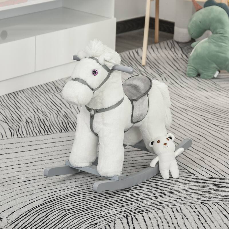 Kids Plush Ride-On Rocking Horse with Bear Toy, Children Chair with Soft Plush Toy & Fun Realistic Sounds
