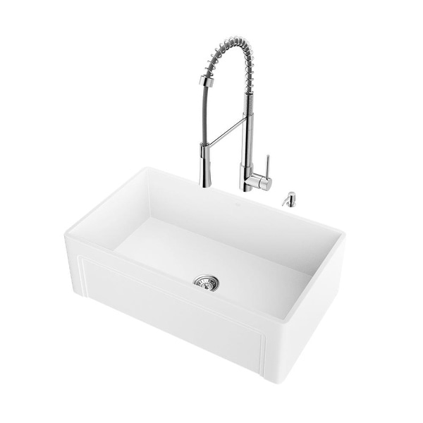 Vigo Vg15486 30 Farmhouse Acrylic Kitchen Sink With A Single Hole 1 8 Gpm Pre Rinse Faucet Soap Dispenser Basket Strainer