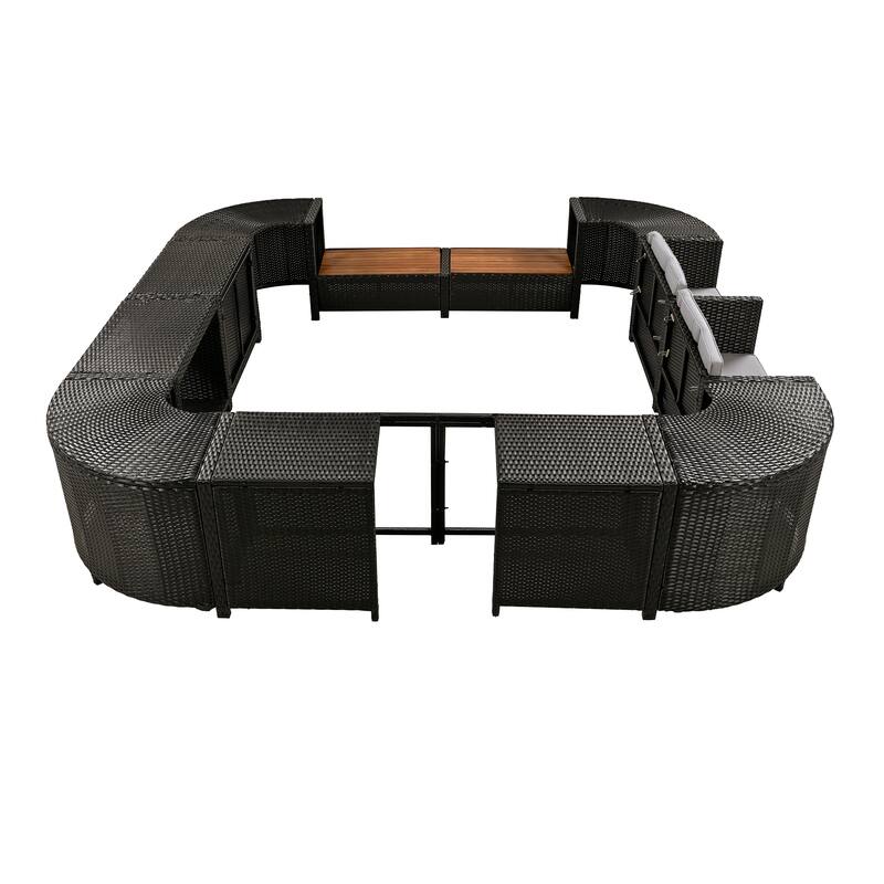 Outdoor Rattan Spa Frame Conversation Sofa Set with Storage & Wooden Bench