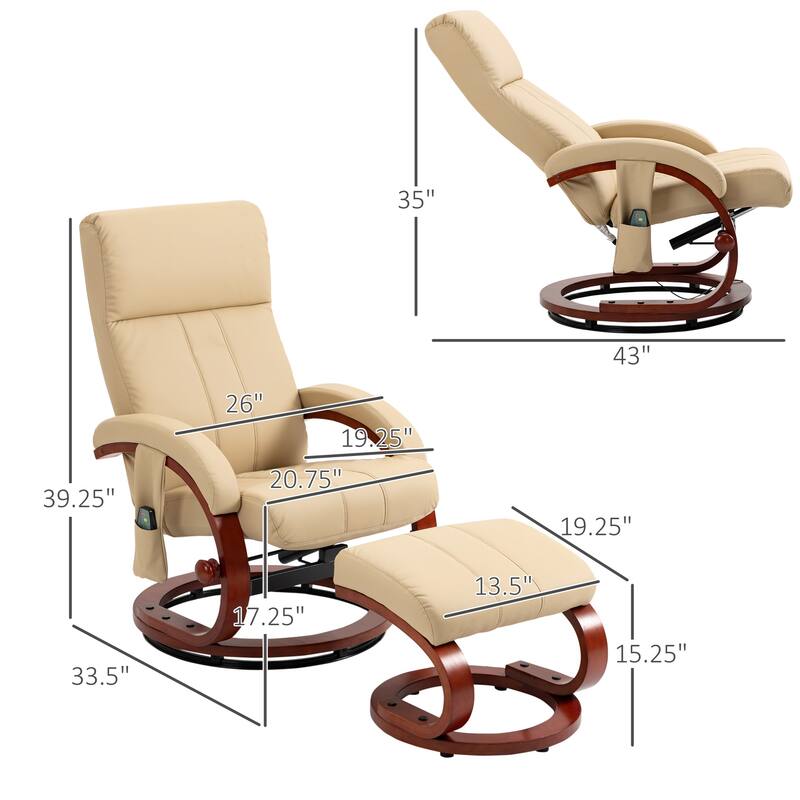 Modern Swivel Wood Base Leather Massage Recliner Chair with Ottoman, 10 Point Vibrating, 5 Modes, Remote and Side Pocket