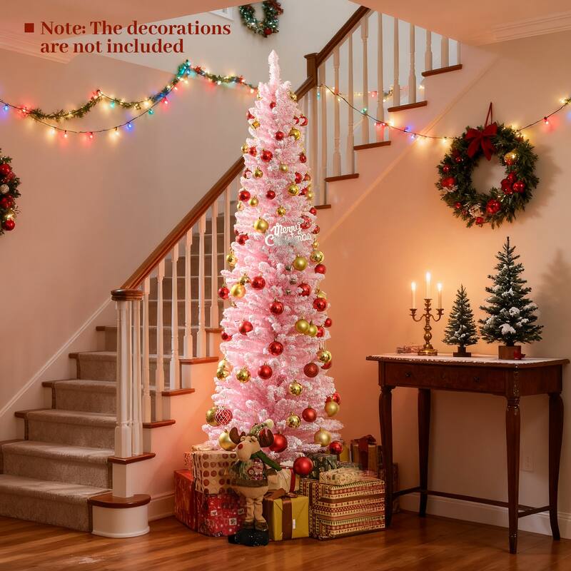 Gymax 6 FT Pink Artificial Christmas Tree Slim Pencil Xmas Tree w/ 328