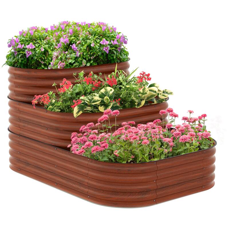 Modular Raised Outdoor Planter Box with Safety Edging, Self-Draining - Brown