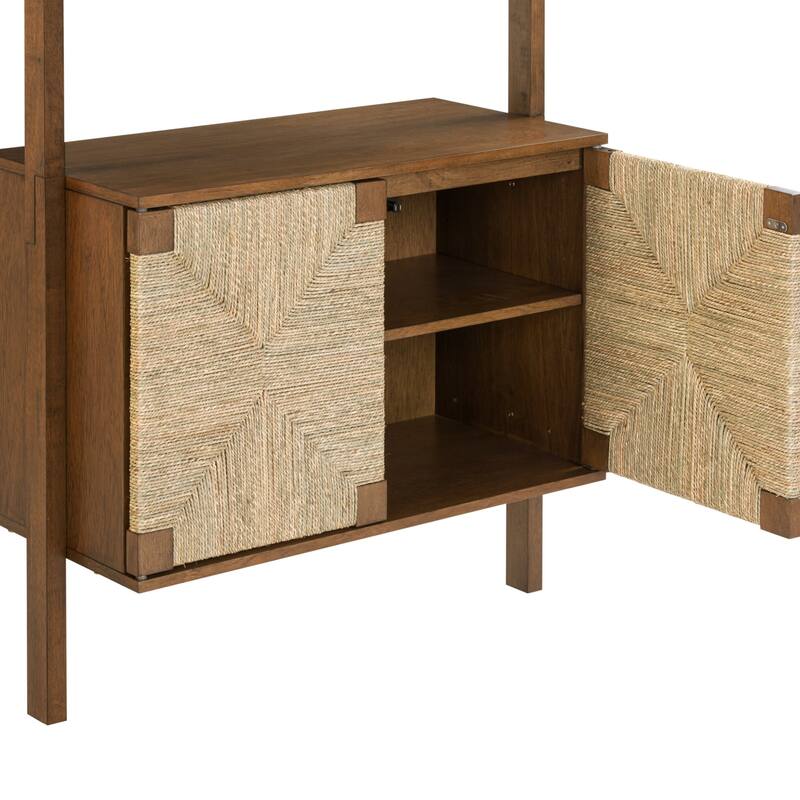 Beacon 3-Shelf Bookcase with Seagrass Cabinet, Solid Wood Bookshelf with Storage with Solid Wood Frame