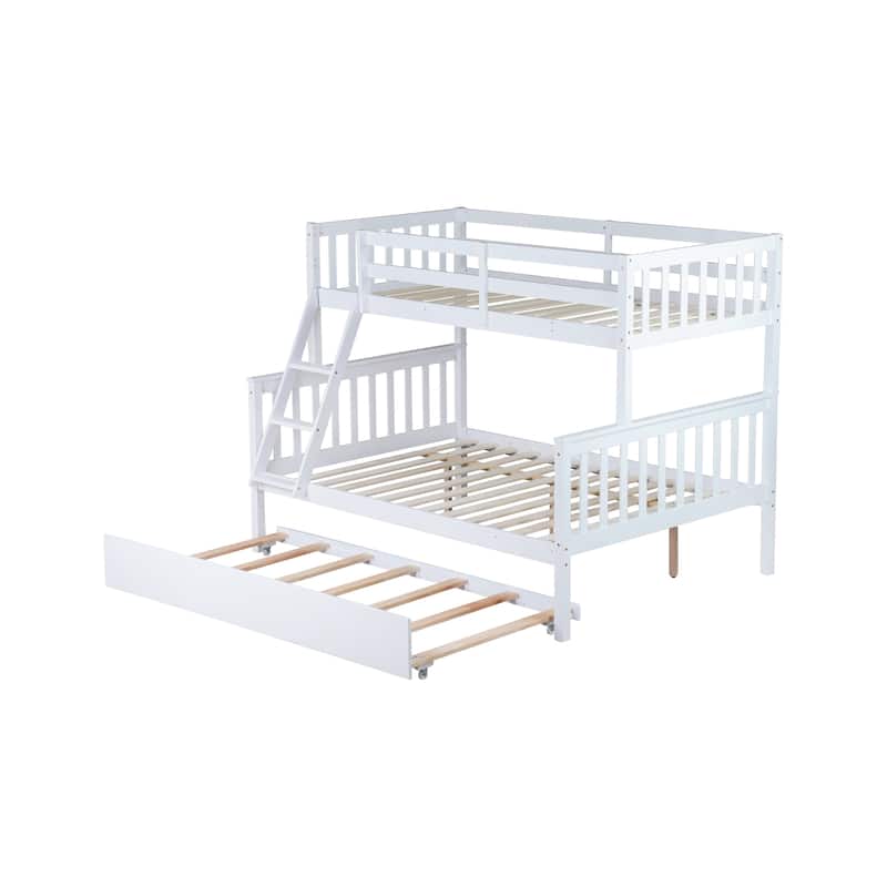 Twin Over Full Bunk Bed with Trundle with Convertible 3-in-1 Design Reversible Ladder & Guardrails (250lb Capacity)