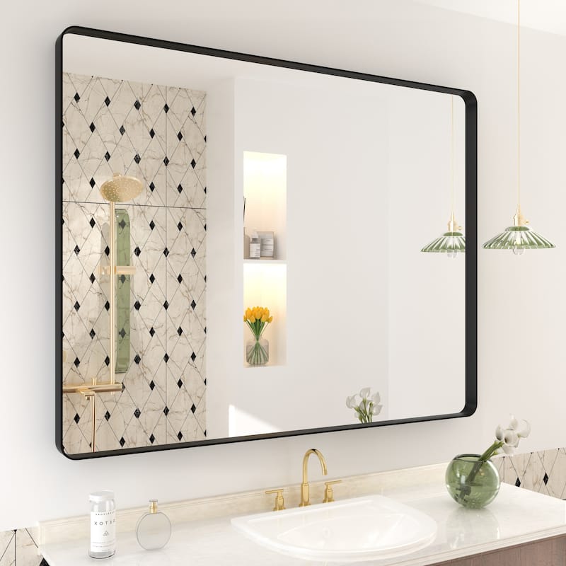 Aluminum Alloy Framed French Cleat Mounted Tempered Glass Wall Vanity Mirror - 40" x 32" - Black