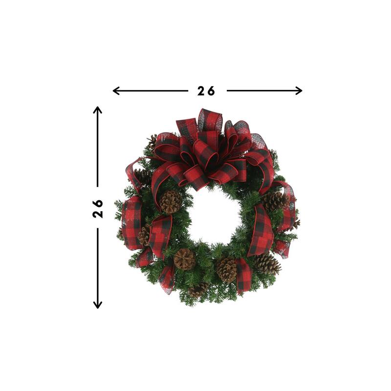26 in Wreath with plaid bow - Red, Green - 26Hx26Wx9D