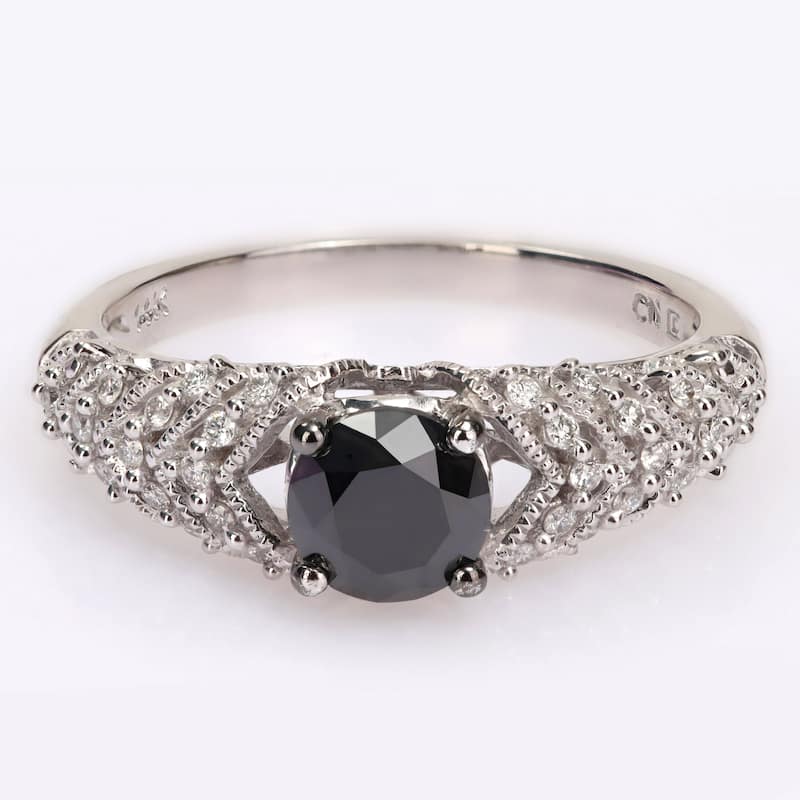Miadora 4/5ct TDW Round-cut Black and White Diamond Vintage Chevron Engagement Ring 14k White Gold