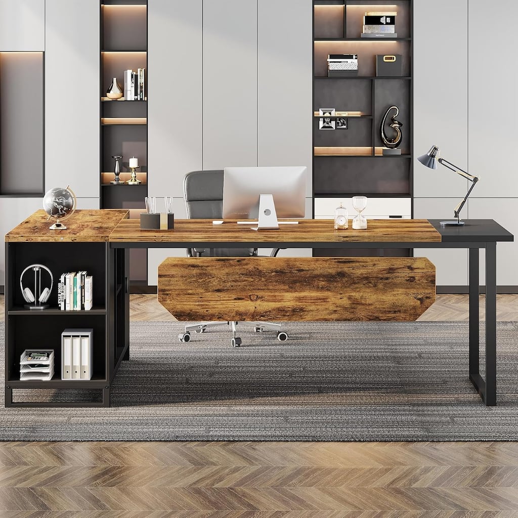 70.8" L-Shaped Executive Desk with 55" File Cabinet, Large Industrial with Storage, Rustic Brown & Black