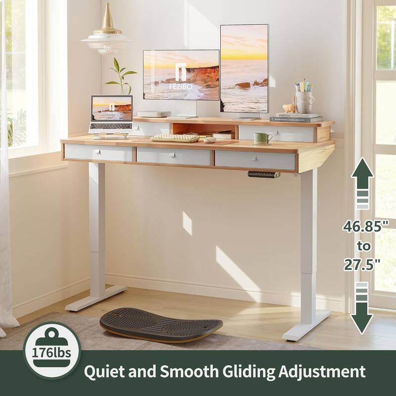FEZIBO Height Adjustable Electric Standing Desk with 5 Drawers, Table with Storage Shelf, Sit Stand Desk